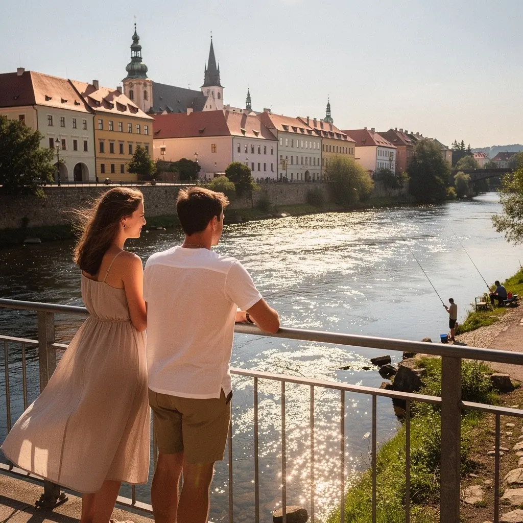 Turisté objevující starobylé město Telč s jeho renesanční architekturou.